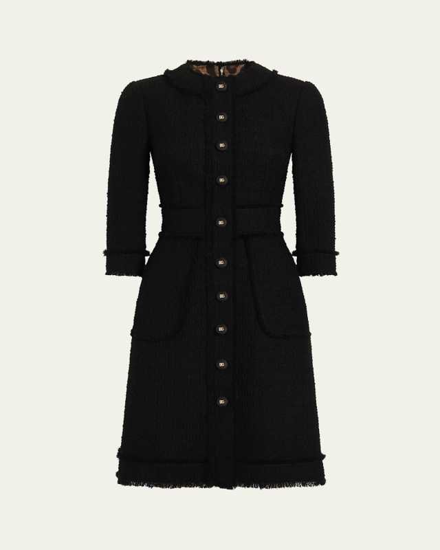 Button-Front 3/4-Sleeve Tweed Dress